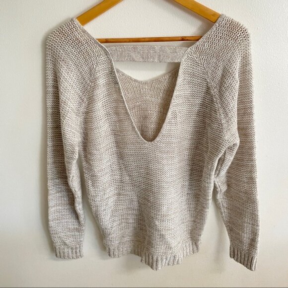 Oatmeal Colored Open Back Crewneck Sweater - Picture 3 of 5